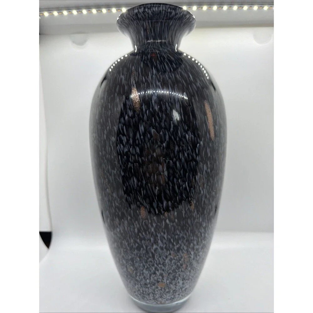 Vintage Murano Style Black Aventurine Art Glass Vase Copper Fleck- Smooth Bottom